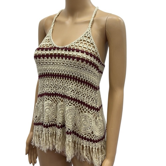 Full Tilt Cream Burgundy Boho Open Crochet Knit Cotton Blend Tank Top Womens XS - Picture 2 of 10